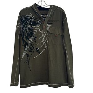Harley Davidson Signature 1/4 Button Hooded Long Sleeve Shirt‎ Mens Sz L Green